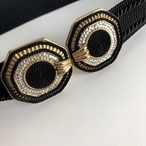 Vintage Gutos Womens Modele Depose Black Elastic Buckle Rhinestones Belt